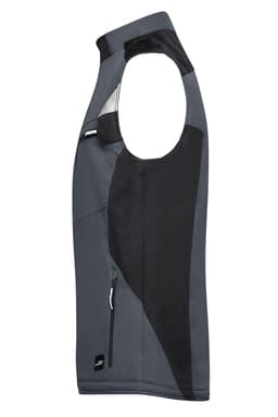 A softshell vest in grey and black with a zip pocket and logo on the side.