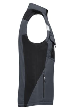 A grey softshell vest with black accents, featuring pockets and a logo on the upper section.