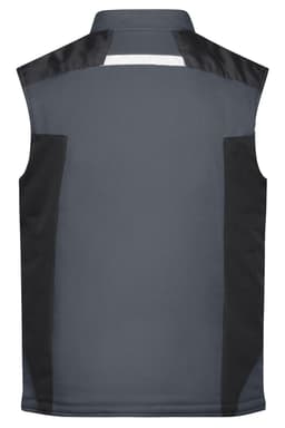 A grey softshell vest with black accents and a logo, featuring a sleeveless design.