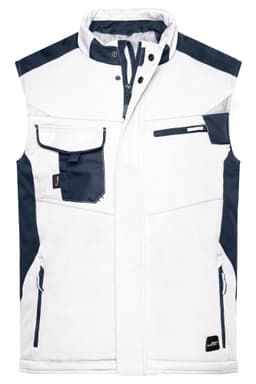 A white and navy softshell vest featuring multiple pockets and a branding logo on the lower right.