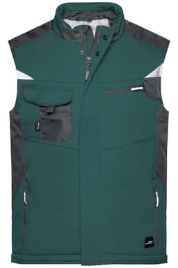 A green softshell vest featuring multiple pockets and grey accents, with a logo on the lower front.