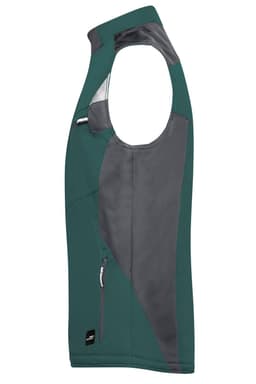 A green and grey softshell vest with a zippered pocket and a logo on the front.