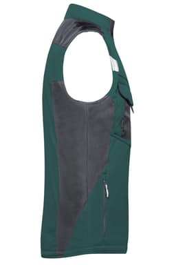 A green and grey softshell vest featuring a zip pocket and a logo, designed for comfort and utility.