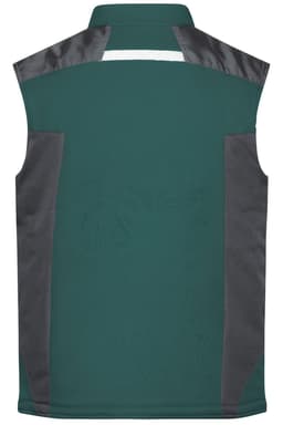 A green softshell vest with grey side panels and a collar, featuring a logo on the back.