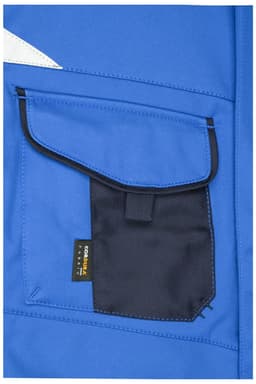 A blue softshell vest featuring a black pocket with a flap and a branding label.