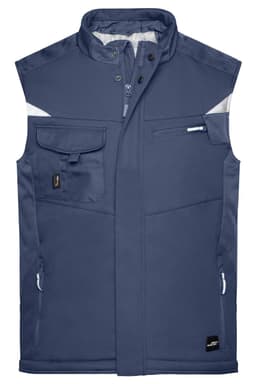 A navy softshell vest featuring multiple pockets and a logo, ideal for layering in cooler weather.