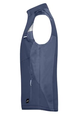 A navy softshell vest with a side zip pocket and a logo, featuring a sleeveless design.
