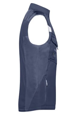 A navy softshell vest featuring a zippered pocket and a prominent logo on the chest.