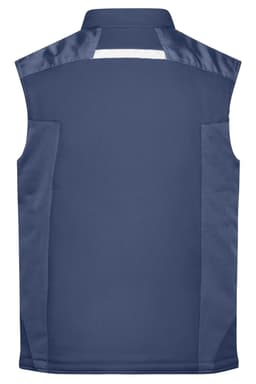 A navy blue softshell vest with a structured collar and a logo, featuring a simple and sleek design.