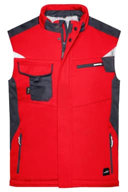 A red and grey softshell vest with multiple pockets and a logo on the front.