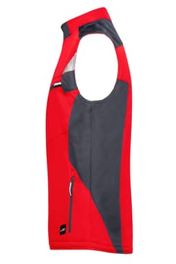 A red and grey softshell vest with a zip pocket and armholes, designed for outdoor activities. Features a logo.