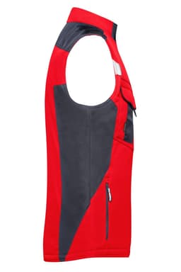 A red and dark grey softshell vest with multiple pockets and a logo on the chest.