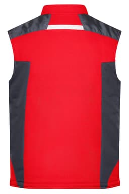 A red and grey softshell vest featuring a logo, with a sleeveless design and contrasting side panels.