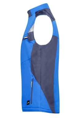A blue and grey softshell vest featuring a zip pocket and an armhole design. It has branding on it.