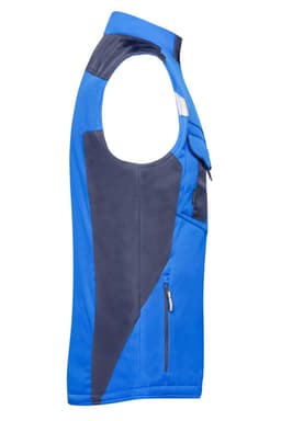 A blue and navy softshell vest with a zip closure and side pockets, featuring a logo.