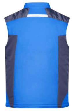 A blue softshell vest with dark blue side panels and a branding logo on the back.