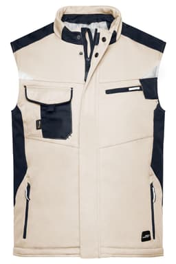 A beige and navy softshell vest featuring multiple pockets and a branded logo. Suitable for layering.