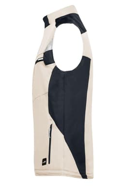A softshell vest featuring a beige and black design with an outer zipper pocket and a logo.