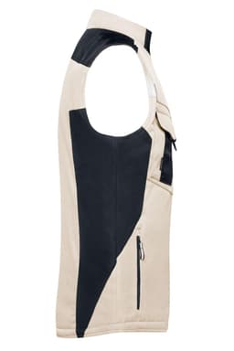 A softshell vest in beige and black, featuring a zip pocket and a logo.