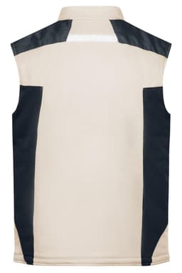 A softshell vest in cream and navy, featuring a back design with contrasting panels and a logo.