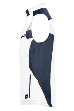A white and navy softshell vest featuring a zippered pocket and an armhole design. It has a branded logo.