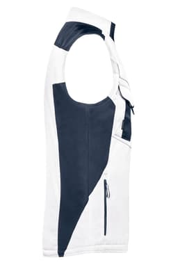 A softshell vest in white and navy, featuring a sleeveless design and a front zip pocket. It has a branding logo.
