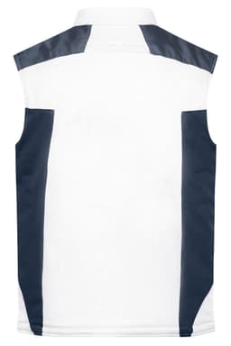 A sleeveless softshell vest featuring a white front with navy back and sides, including a logo.