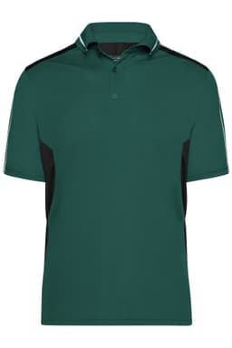 A green polo shirt featuring black side panels and a collar, with a logo on the front.