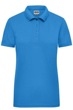 A bright blue ladies' workwear polo shirt with a classic collar and three-button placket. It features a logo.
