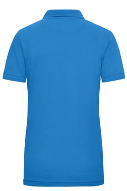 A blue ladies workwear polo shirt featuring a collar and short sleeves, with a logo on the back.