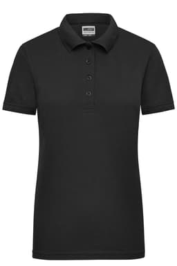 A black ladies workwear polo shirt featuring a classic collar and three-button placket. It has a logo on it.