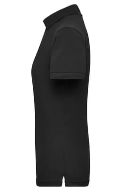 A black ladies' work polo shirt featuring a collared neckline and short sleeves, with branding on the fabric.