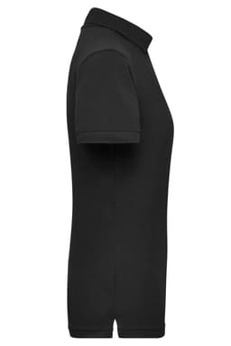 A black ladies' work polo shirt with a collar and short sleeves, displayed from the side. It features a logo.