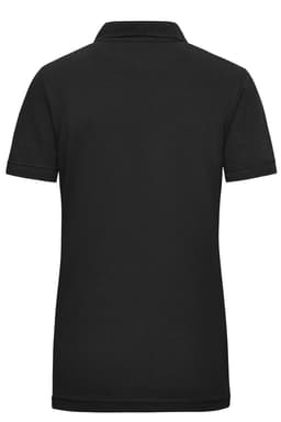 A black ladies work polo shirt featuring short sleeves and a collar, with a logo on the chest.