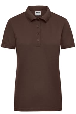 A brown ladies' polo shirt with a classic collar and three-button placket, featuring a small logo.