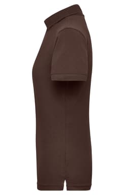A brown ladies workwear polo shirt with a classic collar and short sleeves, featuring a logo.