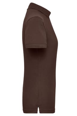 A brown ladies workwear polo shirt featuring a classic collar and short sleeves, with a logo on the chest.