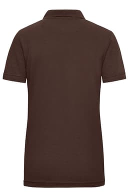 A brown ladies work polo shirt with short sleeves and a classic collar. It features a logo on the fabric.