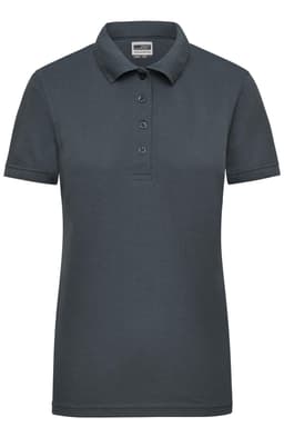 A women's polo shirt in charcoal grey with a collar and button placket; it features branding on the fabric.