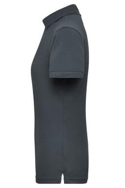 A grey ladies workwear polo shirt featuring a collar and short sleeves, with a logo on the chest.