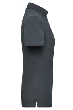 A dark grey ladies workwear polo shirt with a classic collar and short sleeves. It features a logo on the chest.