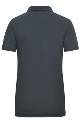 A dark grey ladies' polo shirt with a classic collar and short sleeves, featuring a logo on the back.