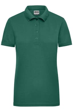 A green ladies’ workwear polo shirt with a classic collar and three-button placket, featuring a logo.