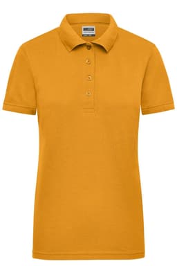 A ladies' workwear polo in vibrant yellow with a classic collar and button placket. Features a logo.