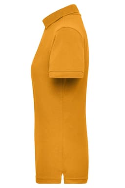 A side view of a mustard-yellow ladies' polo shirt featuring a collar and short sleeves, with a logo on the chest.