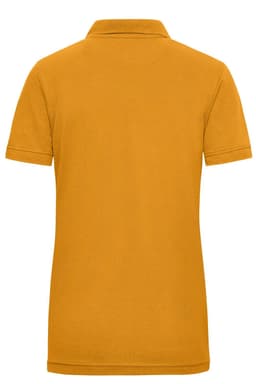 A ladies workwear polo in mustard yellow with short sleeves and a collar, featuring a logo on the back.