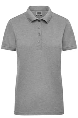 A grey ladies workwear polo shirt with a collar and five buttons, featuring a branding label.