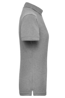 A grey polo shirt featuring a classic collar and short sleeves, with a logo on the front.