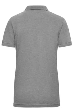 A grey ladies workwear polo shirt featuring a collar and short sleeves, with a logo on the back.