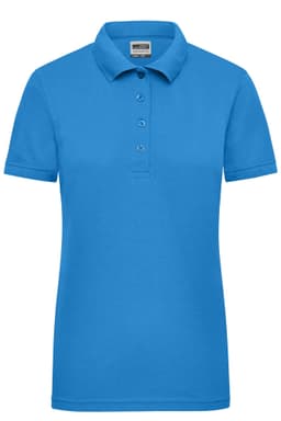 A blue ladies work polo shirt with a collar and five buttons, featuring a logo.
